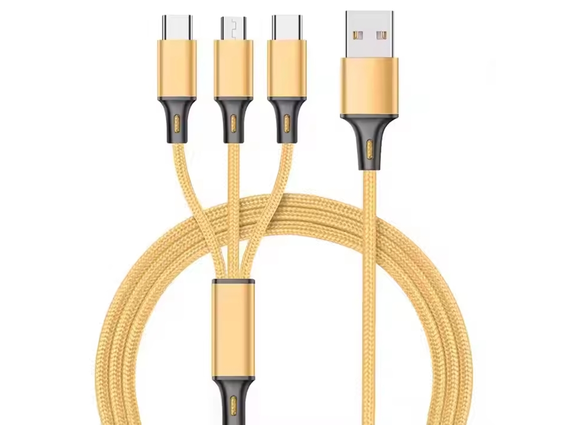 Cabo Usb 3 Em 1 Eifson Para Carregamento, Nylon Trançado, Compatível Com Iphone 14, 13, Samsung, Redmi E Oneplus (dourado)