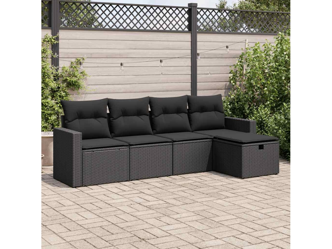 Vidaxl 5 Pcs Conjunto Sofás De Jardim Com Almofadões Vime Pe Preto