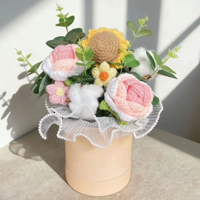 (amarelo) Fronha Feita À Mão Em Crochê Com Buquê De Rosas E Girassóis, Presente Para O Dia Dos Namorados