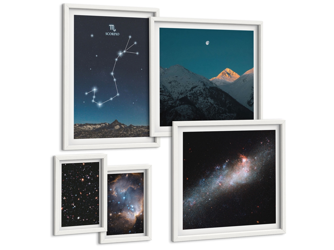 Um Conjunto De Imagens Decorativas Em Uma Moldura Paisagens Espaciais, Escorpião Moldura Branca Pinturas De Quarto Espelharte (conjunto De 5 Imagens)
