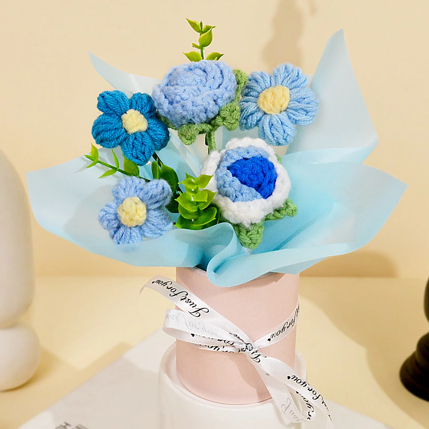 (azul) Buquê De Rosas Feito À Mão Em Crochê, Rosas E Margaridas Tricotadas, Presentes E Decoração Para Casa.