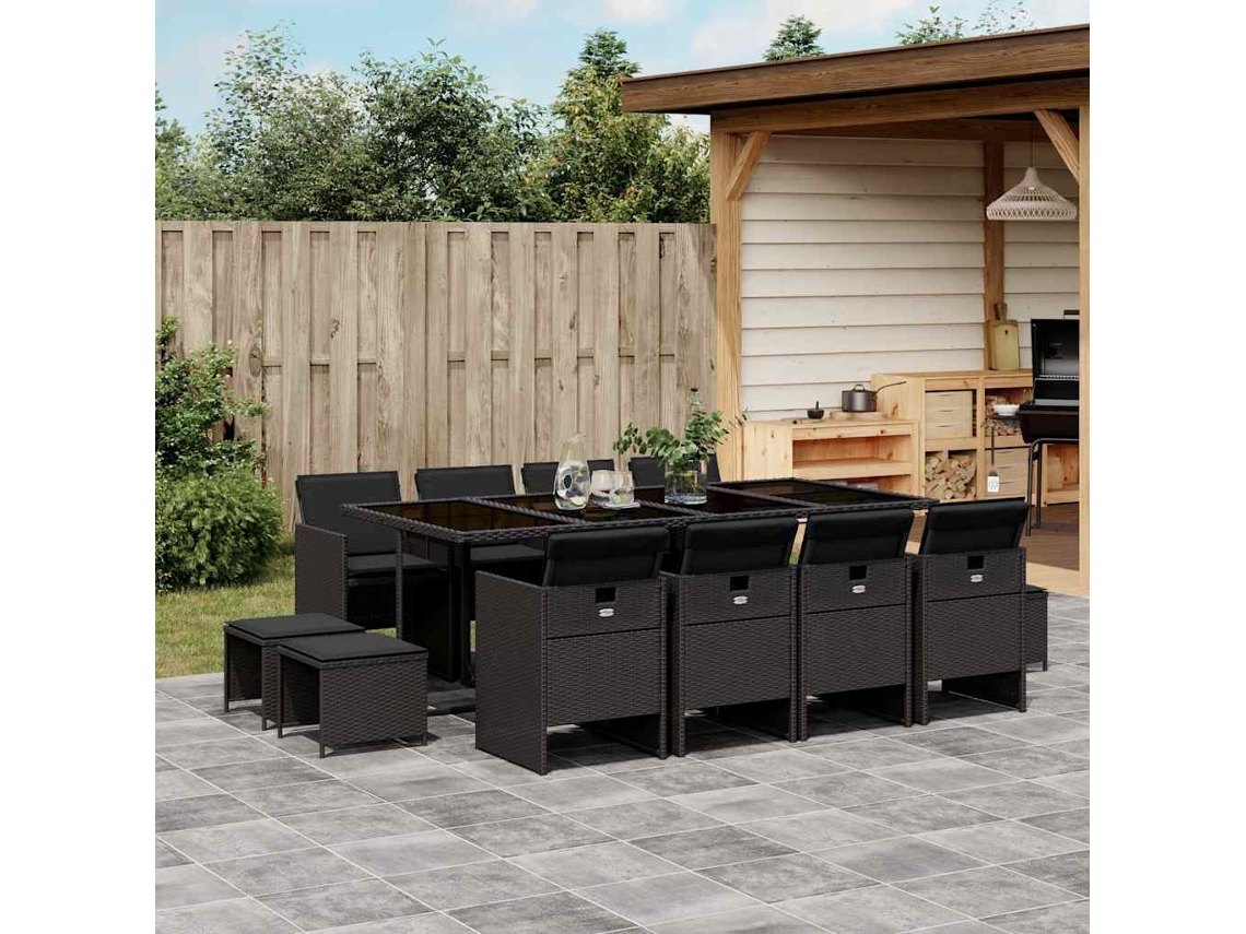 Vidaxl 13 Pcs Conjunto de Jantar P/jardim com Almofadões Vime Pe Preto