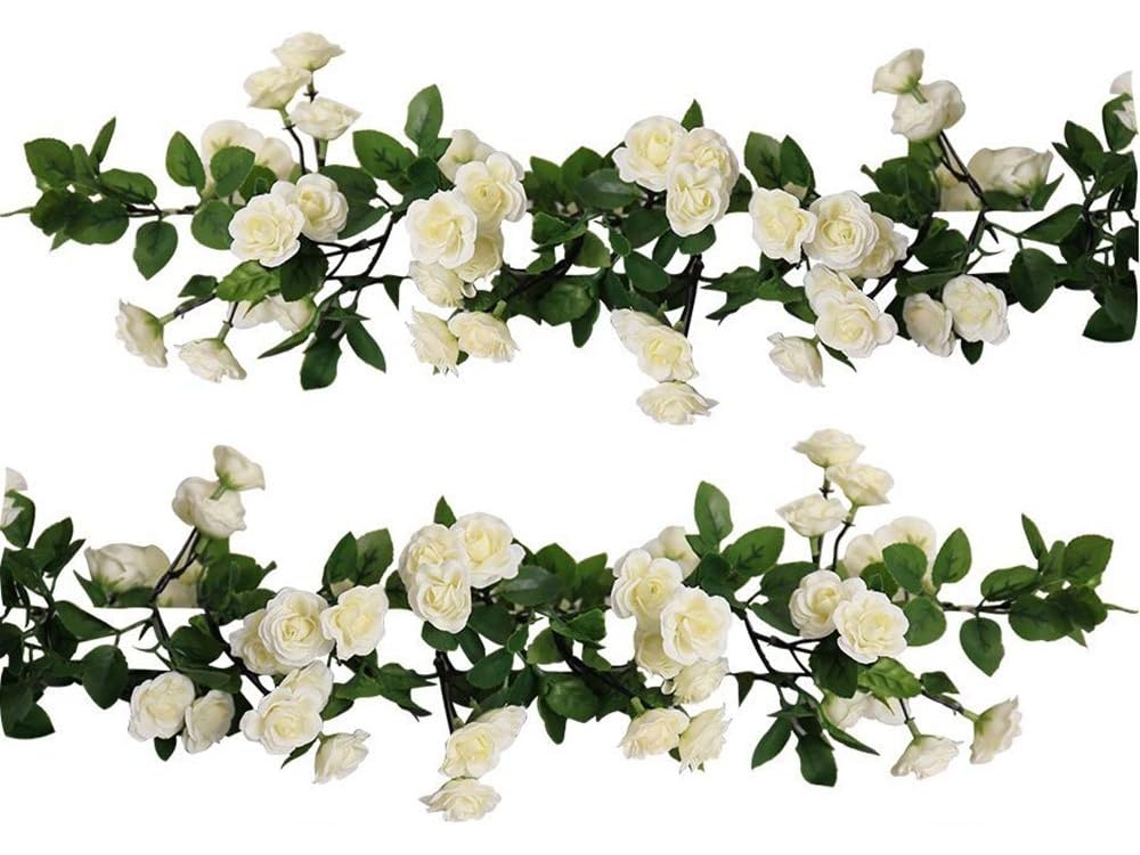 Conjunto de 2 Guirlandas Artificiais de Rosas e Hera para Decoração de Casa, Festas e Jardins (69 Rosas Pequenas Brancas). AQUAFORGE (1,78 M Cada)
