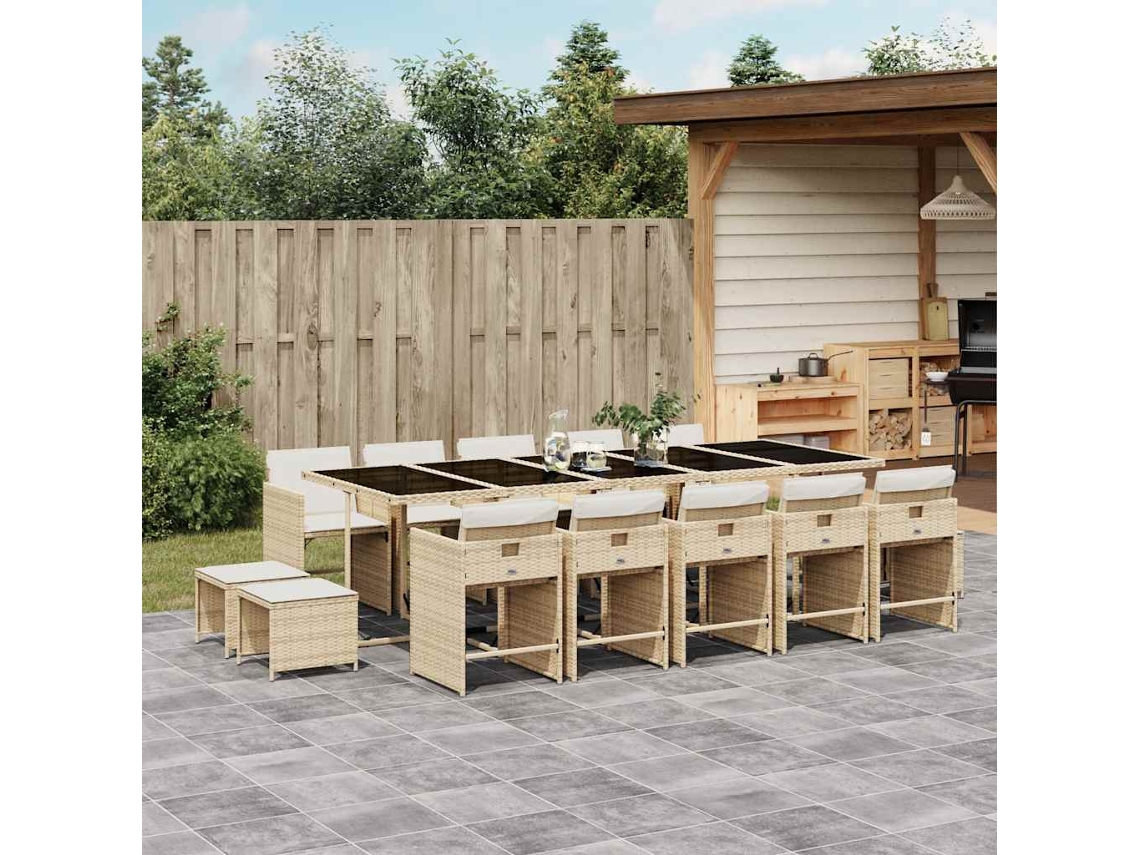 Vidaxl 15 Pcs Conjunto De Jantar P/ Jardim Com Almofadões Vime Pe Bege