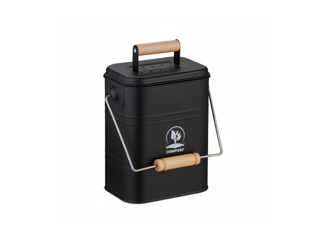 Relaxdays Balde De Compostagem, 3,5 L, 2 Filtros De Carvão Ativado, Tampa, Alça, Metal E Madeira, Preto