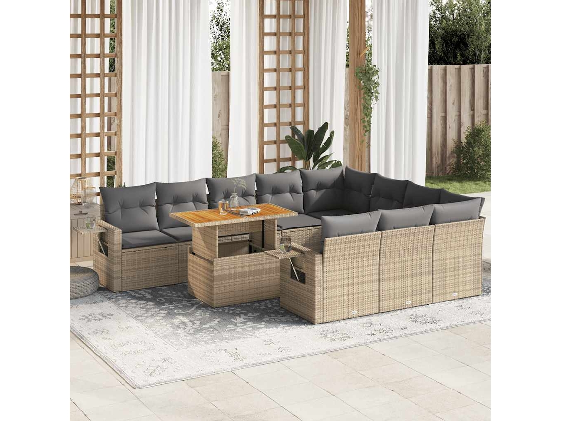 Vidaxl 11 Pcs Conjunto Sofás De Jardim C/ Almofadões Vime Pe Bege
