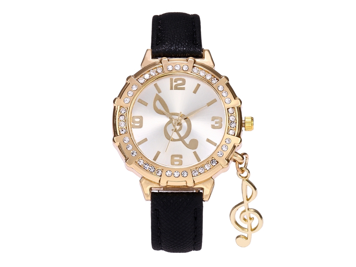 Relógio de Pulso Feminino com Strass e Pingente de Nota em Couro Pu Preto