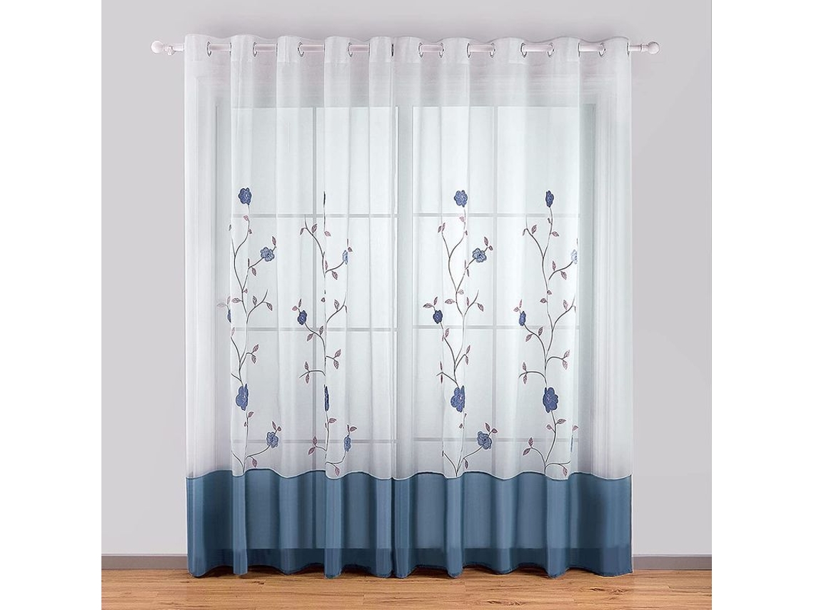 Cortina de Olho de Pombo Nova Line Transparente com Bordado Floral, 140x175cm, Azul