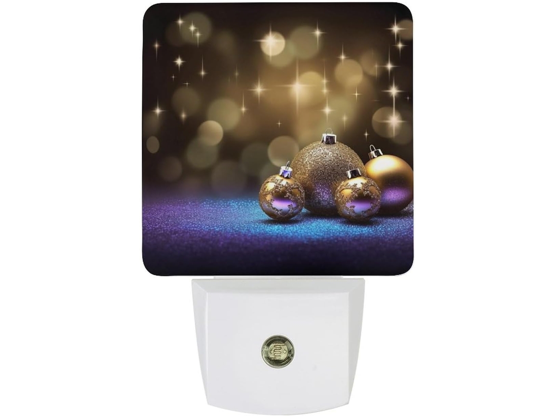 Luminária de parede Natalina Dourada com glitter, sensor crepuscular, luz LED branca quente, lâmpada de baixo consumo.