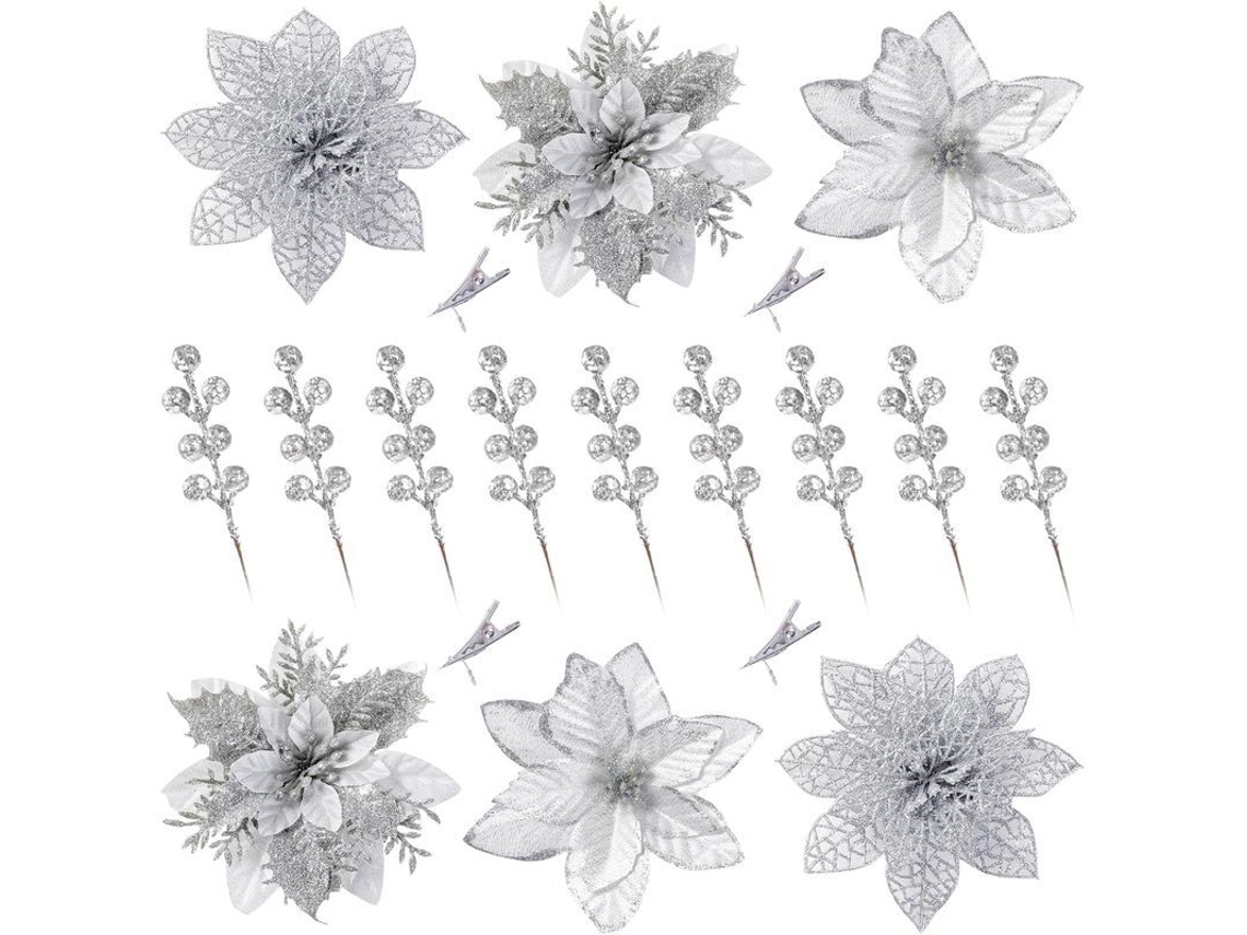 30 Flores Poinsettia Glitter Frutos Artificiais Prata S/MARCA