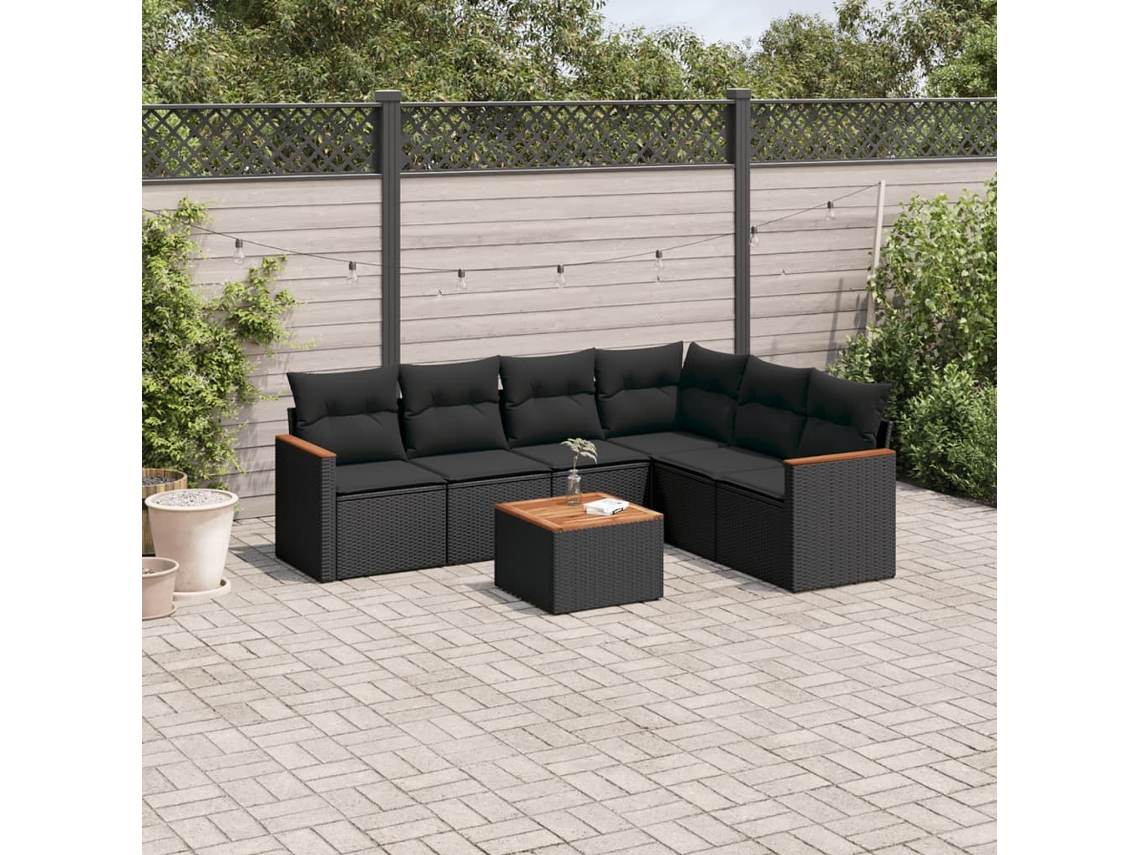 Vidaxl 7 Pcs Conjunto De Sofás P/ Jardim C/ Almofadões Vime Pe Preto