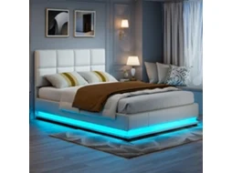 Cama De Casal 140 X 190 Cm, Cama Estofada Com Led, Estrado Elevatório, Para Adolescentes E Adultos, Branco Pu Rosahqnda