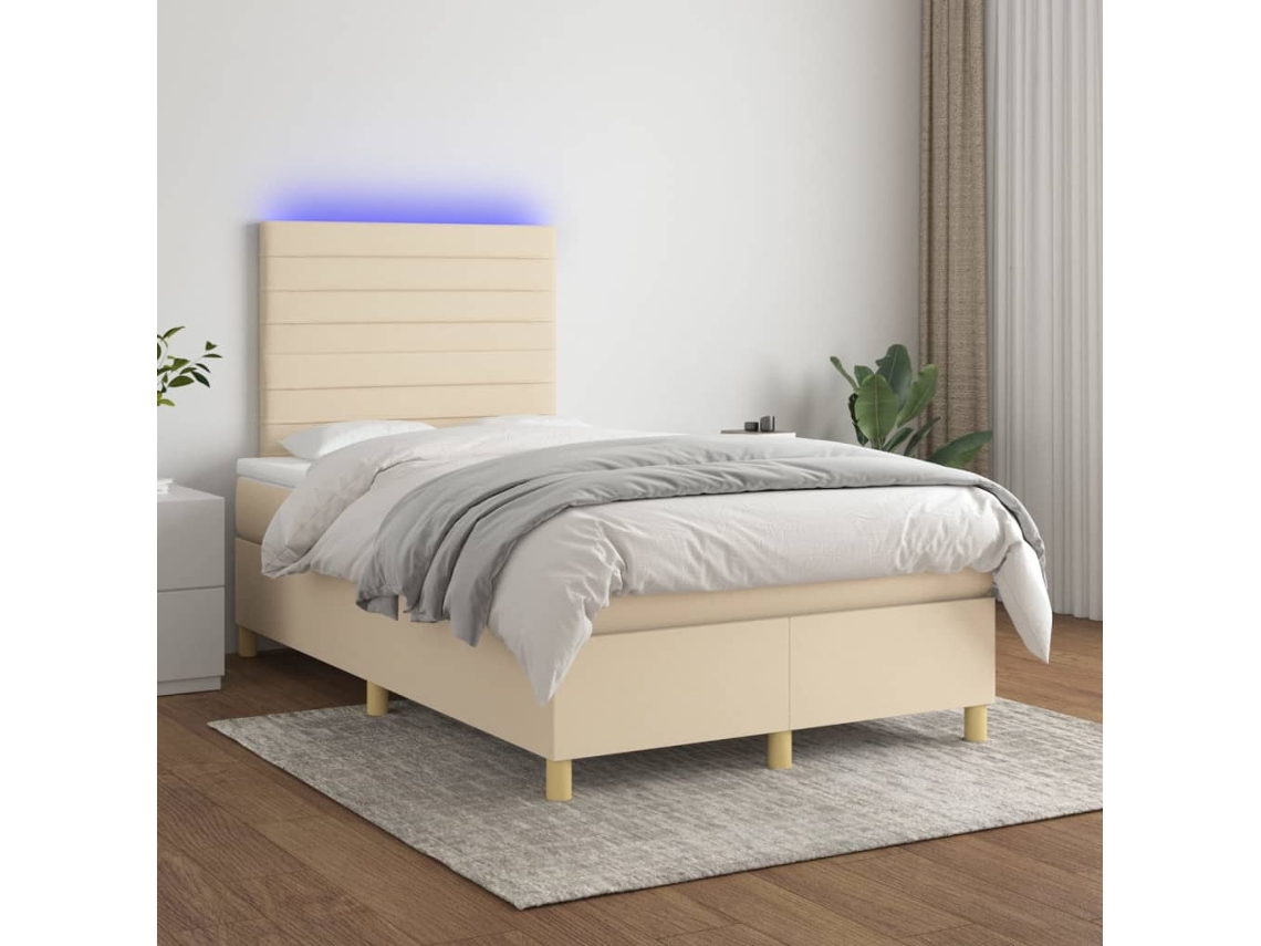 Vidaxl Cama Box Spring C/ Colchão E Led 120x200 Cm Tecido Cor Creme
