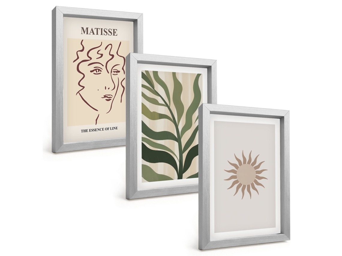 Conjunto De Pinturasplanta Abstrata Padrões Moldura Prateada Quadros Para A Sala De Estar Espelharte (3 Peças 20x30 Cm)