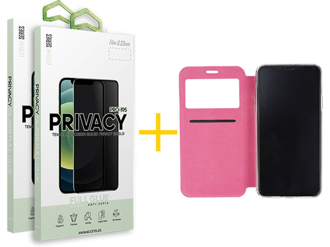 Capa + 2 Películas de Vidro Anti-Spy iPhone 13 Pro SKYHE Gandy Flip Cover Rosa