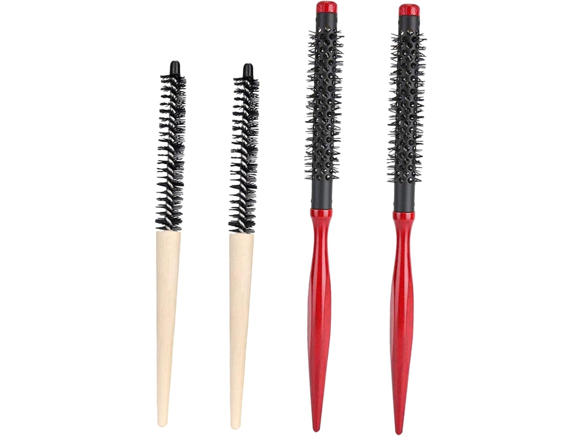 Conjunto Hohopeti Com 4 Escovas Portáteis Para Cabelos Cacheados, Escovas Redondas Pequenas Com Cabos De Madeira Natural