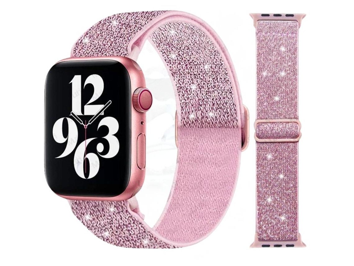 Pulseira extensível com glitter para Apple Watch Series SE 44mm ORYSIN, design rosa, resistente e elegante.