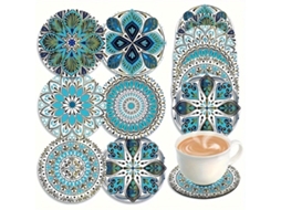 Conjunto de 6 porta copos de madeira com estampa floral e geométrica AQUAFORGE