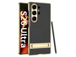 Capa Hexinyigjly Para Samsung S26 Ultra, Pele Vegan Com Suporte Invisível, Fina E Flexível, Antichoque, Toque Luxuoso Preto