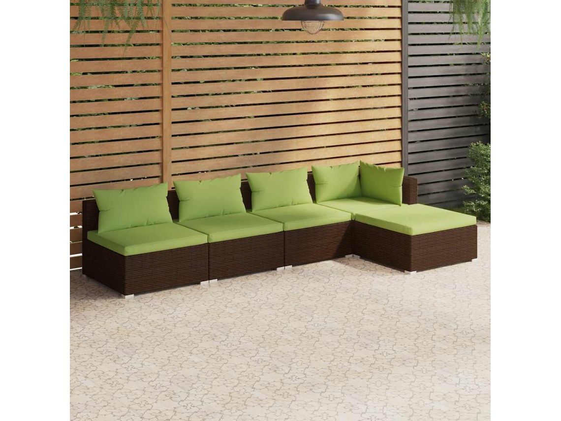 Conjunto 5 Peças Lounge Jardim C/ Almofadões Vime Pe Marrom Dkd Home Decor