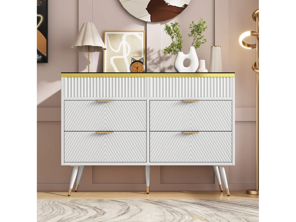 Cómoda Sideboard De Vidro àmbar, 6 Gavetas, Antiderrapante, Armário Alto Para Quarto E Ambientes, 120 X 40 X 76 Cm, Branco Mega Echo Trade Shop