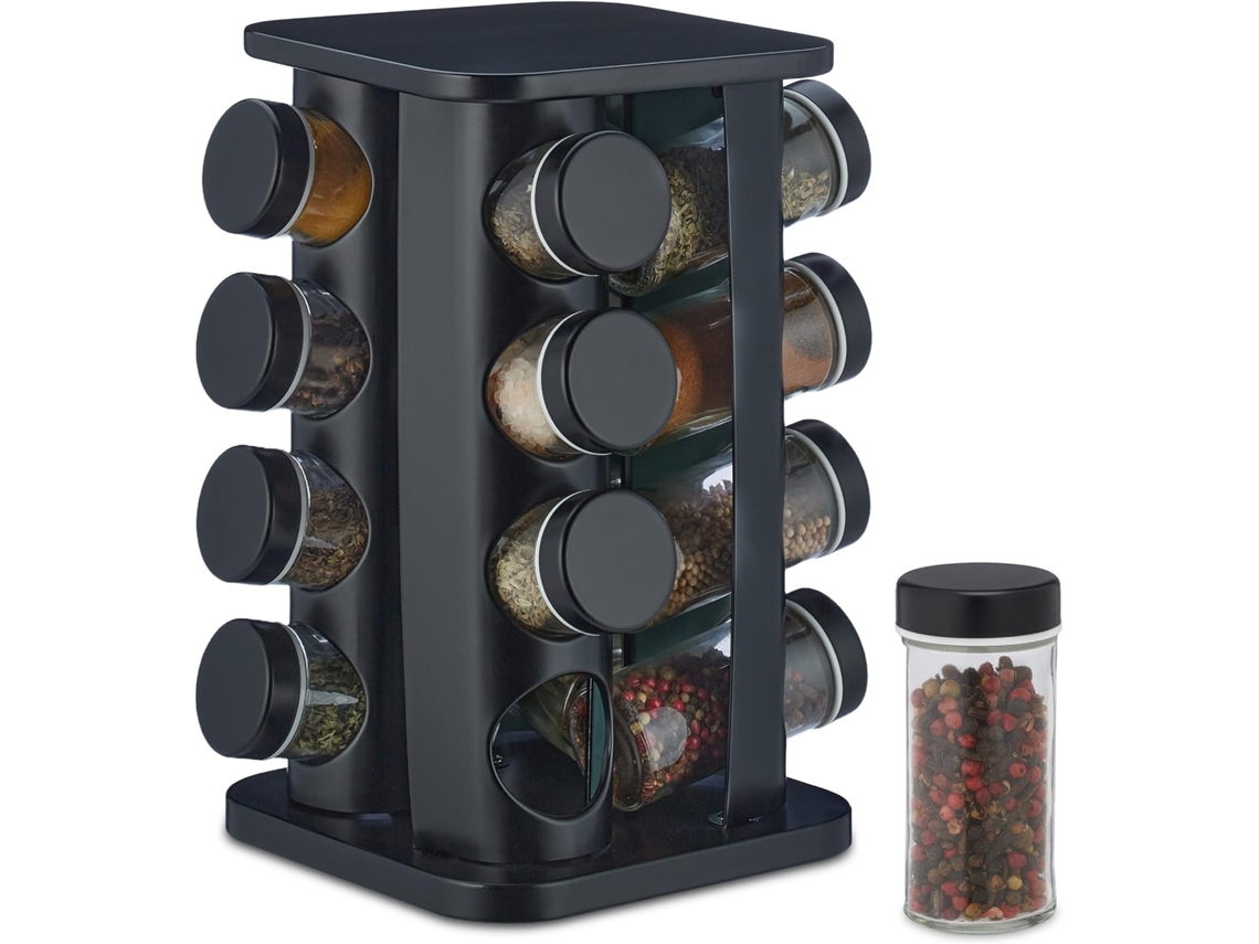 Carousel de Especiarias, 16 Jarros, Aço Inoxidável e Vidro, Preto ZYBLSSBB
