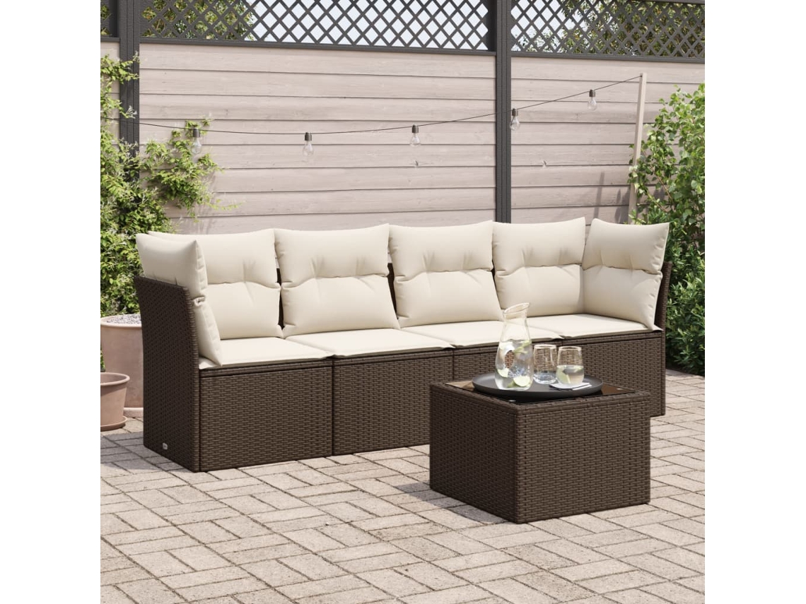 Vidaxl 5 Pcs Conjunto Sofás P/ Jardim C/ Almofadões Vime Pe Castanho