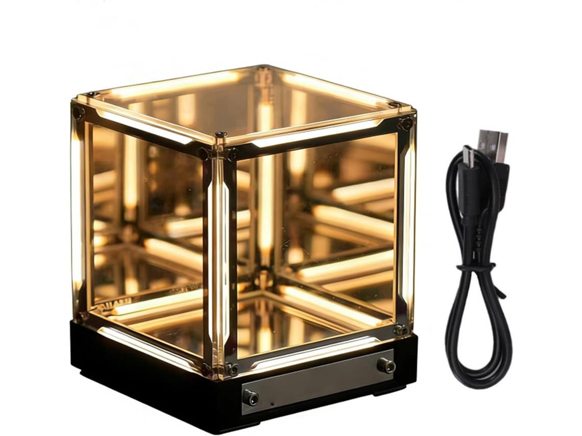 Luminária De Mesa Infinity Cube, Com Espelho Em Formato Cubo, Controle