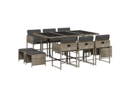 Conjunto 11 jantar p/ jardim c/ almofadões VIDAXL vime PE cinzento