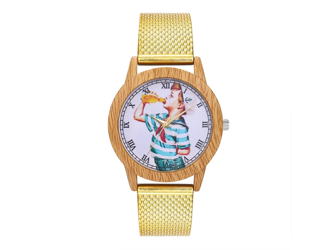 Relógio de pulso analógico em liga metálica, elegante, unissex, modelo T343-f, dourado.