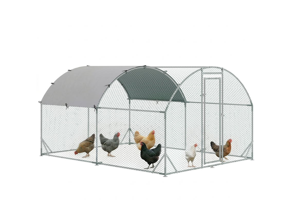 Galpão de Galinhas de Metal Galvanizado com Telhado e Cobertura UV Resistente 280x380x197 Cm Prata