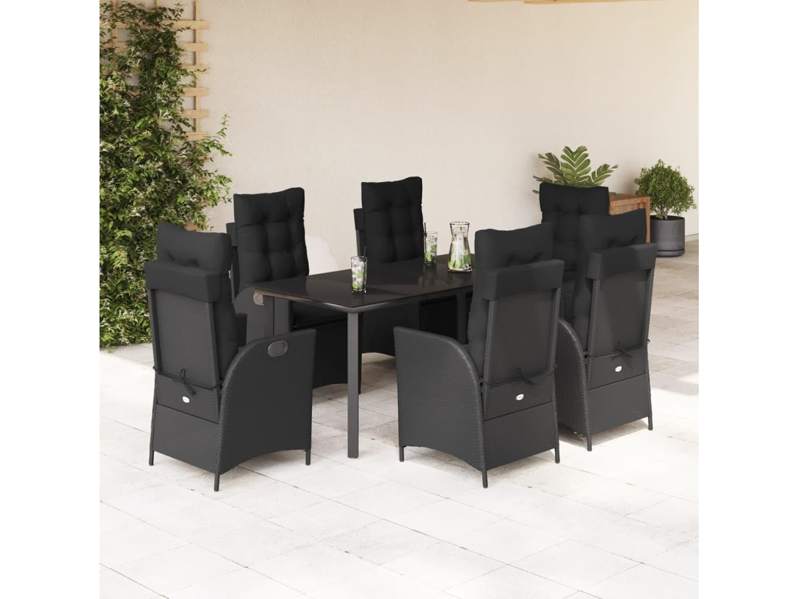 Vidaxl 7 Pcs Conjunto De Jantar P/ Jardim C/ Almofadões Vime Pe Preto