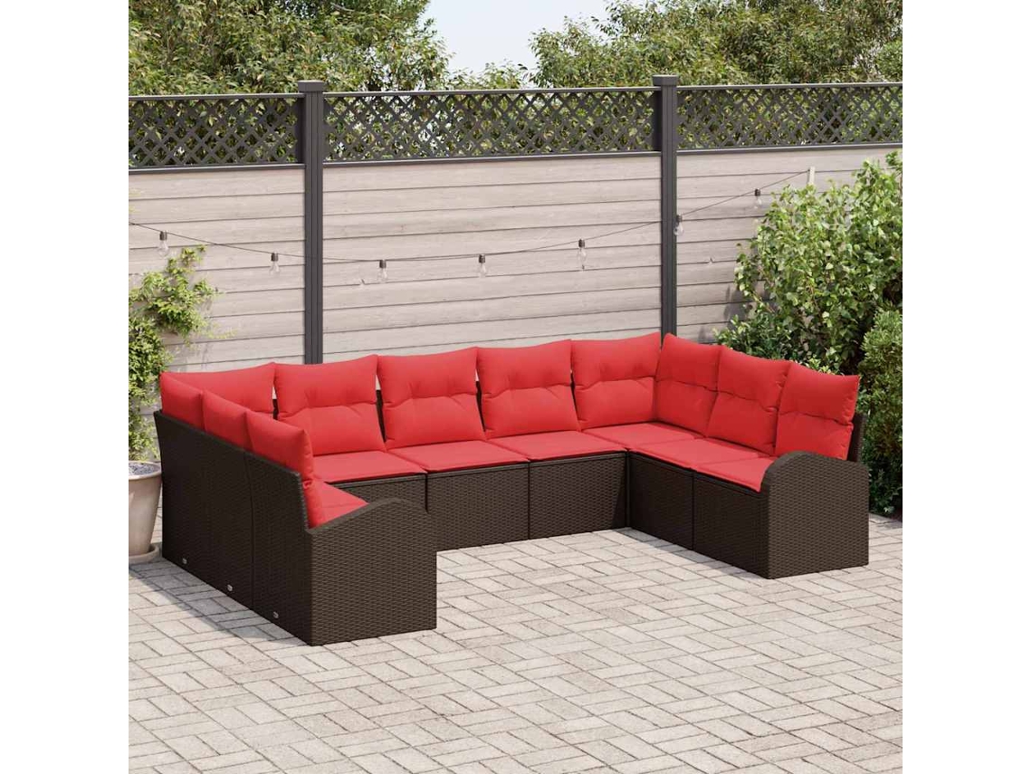 Vidaxl Conjunto De Sofá De Jardim 9 Pcs Marrom E Vermelho Vime Pe