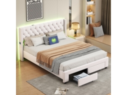Cama Estofada 180x200 Cm Cama De Casal Em Veludo Bege,cabeceira Com Botões E Pregos,luzes Led,portas Usb, Bolsas De Arrumação E 2 Gavetas,rosahqnda