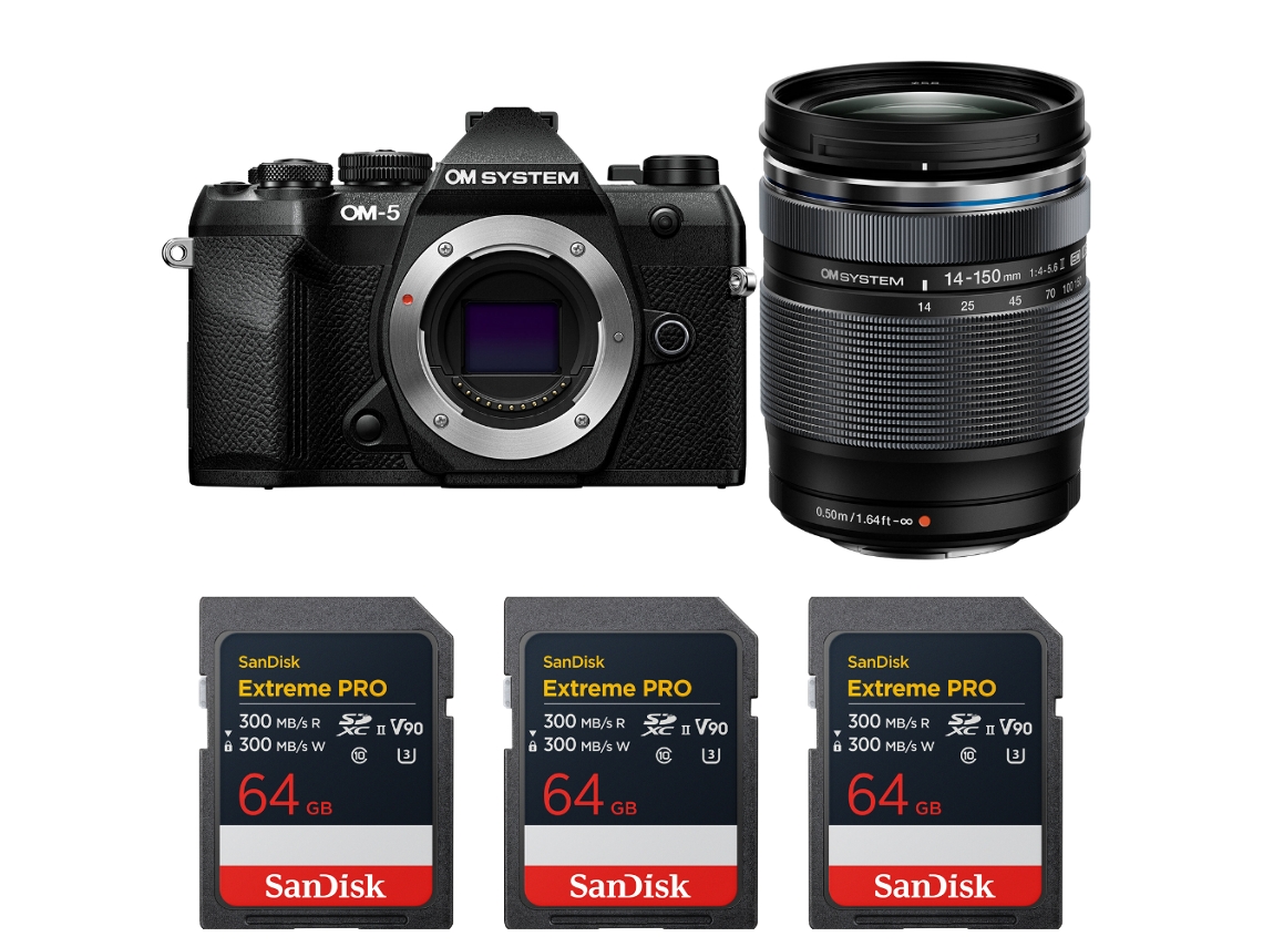 Om 5 Mark Ii Preto + 14 150mm F/4 5.6 Ii + 3 Sandisk 64gb Extreme Pro Uhs ii Sdxc + Ebook “20 Dicas para Fotos Que Impressionam” OM SYSTEM