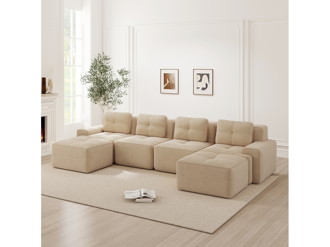 Sofás Sala Bege, Modular U Com Chaise, Veludo Cotelê, 4l, Antiderrapante.-kd