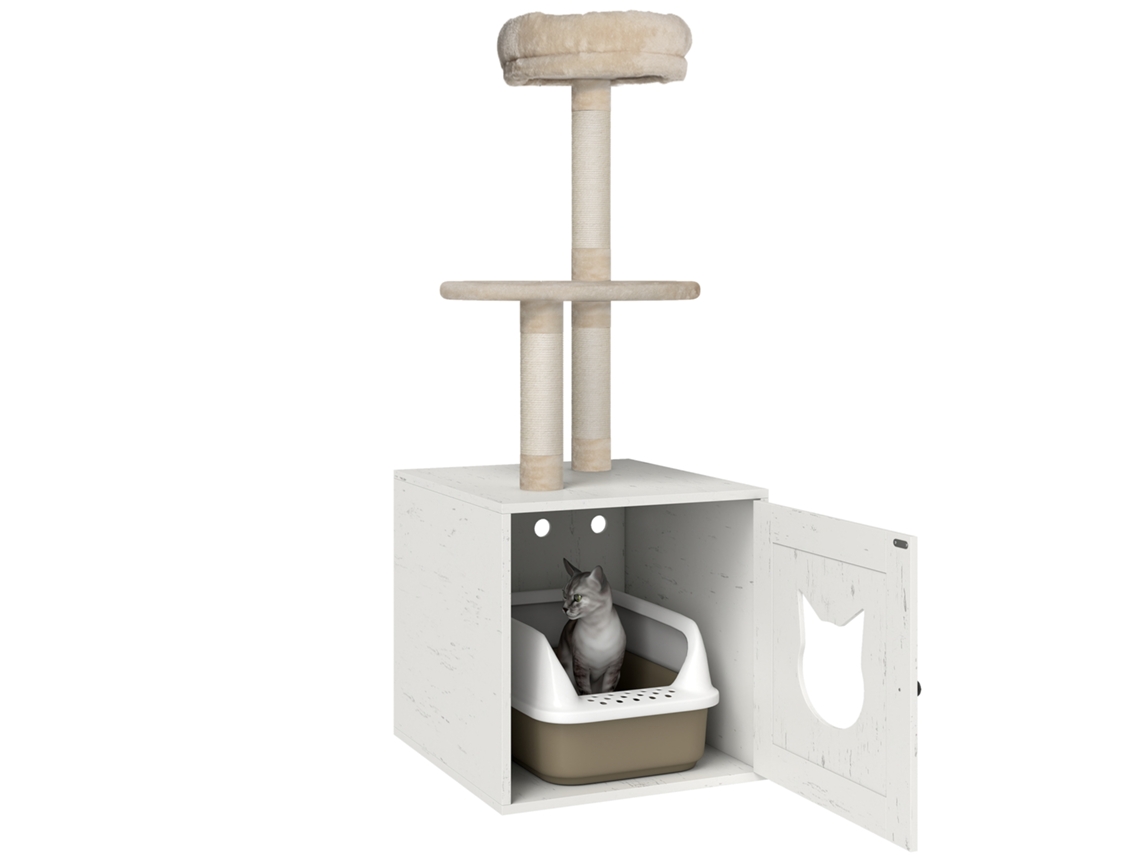 Árvore De Lazer 2‑em‑1 Com Zona Sanitária, Torre De Brincadeiras E Arranhadores, Cor Creme, Altura 129 Cm Para Companheiros De Lar