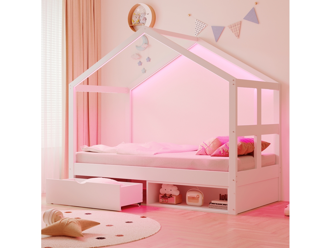 Cama De Madeira 90x190cm Com Gavetas Armário Sapatos Led Multicolor Latão Branco