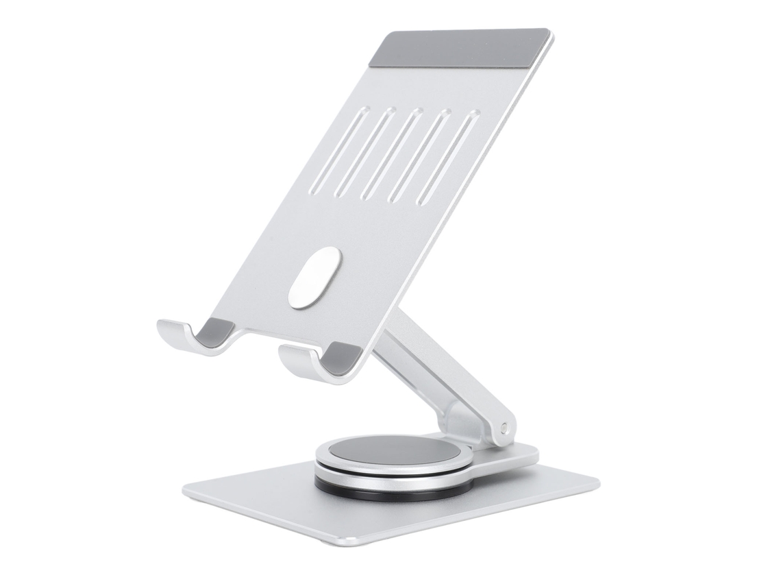 Suporte de mesa de alumínio prateado com rotação de 360°, plegável e estável para smartphones e tablets | S/MARCA