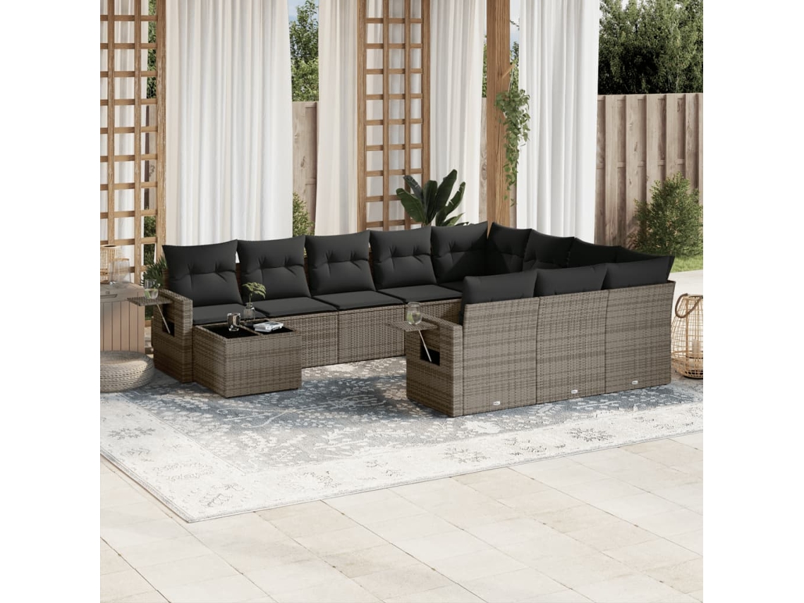 11 Pcs Conjunto Sofás De Jardim C/ Almofadões Vime Pe Cinza Dkd Home Decor