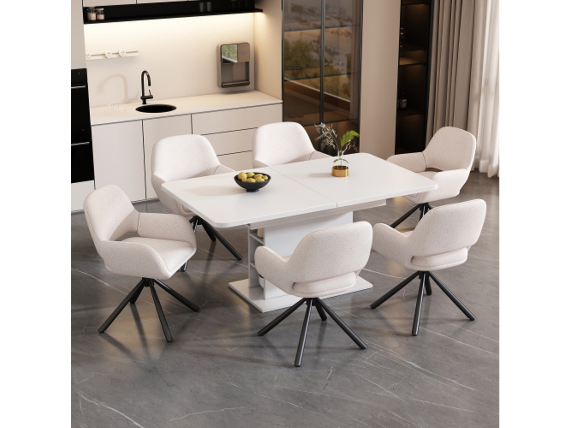 Conjunto de sala de estar com mesa e 6 cadeiras, mesa retangular extensível branca com espaço de armazenamento.