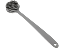 Escova de banho esfoliante em silicone cinza transparente com cabo longo ergonômico.