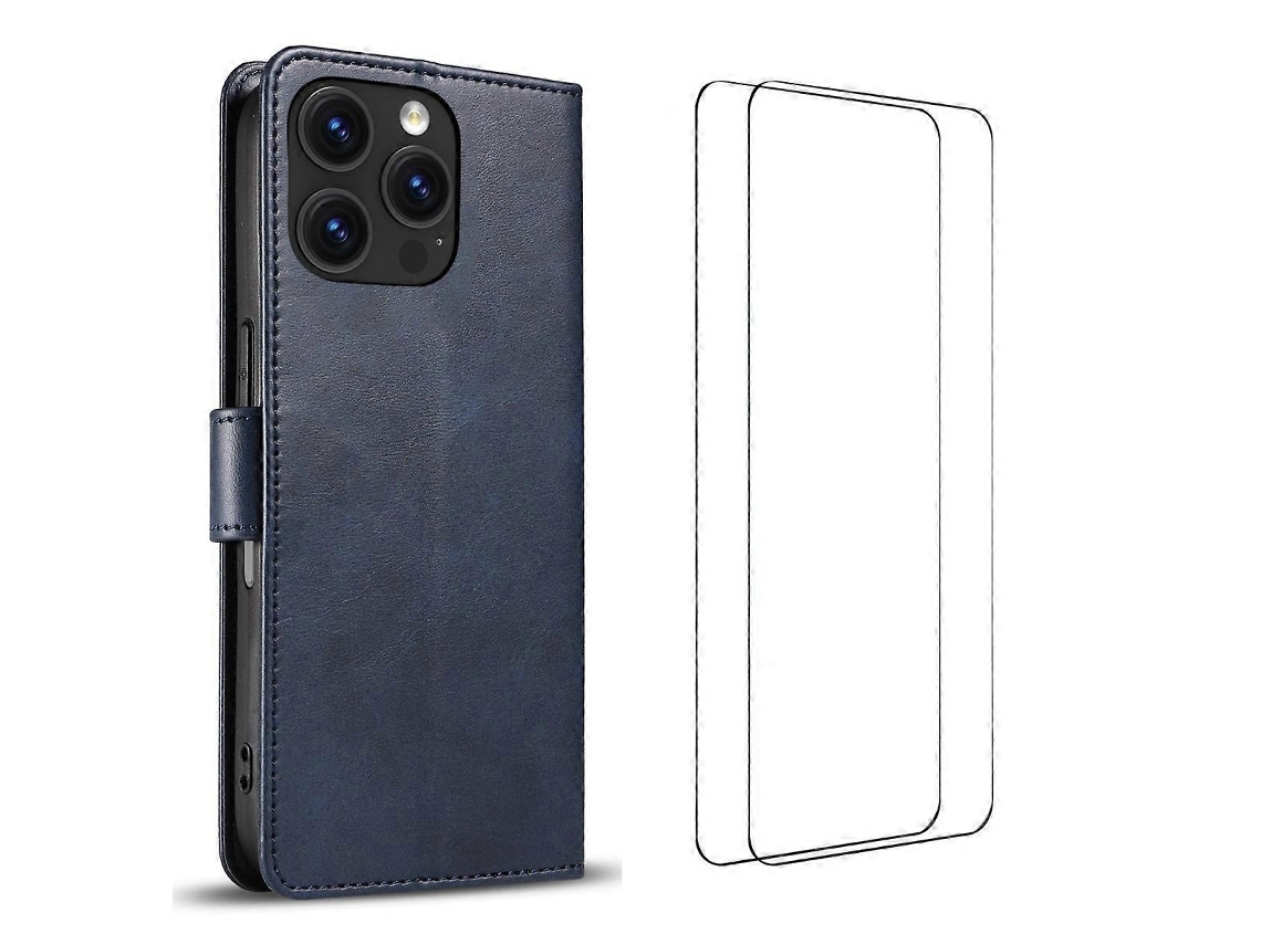 Capa Tkdaddy Para Iphone 16 Pro Com 2 Peças De Vidro Temperado Wanlonfeng Wn Series, Capa De Couro Com Textura De Bezerro, Recortes Grandes, Cor Safir