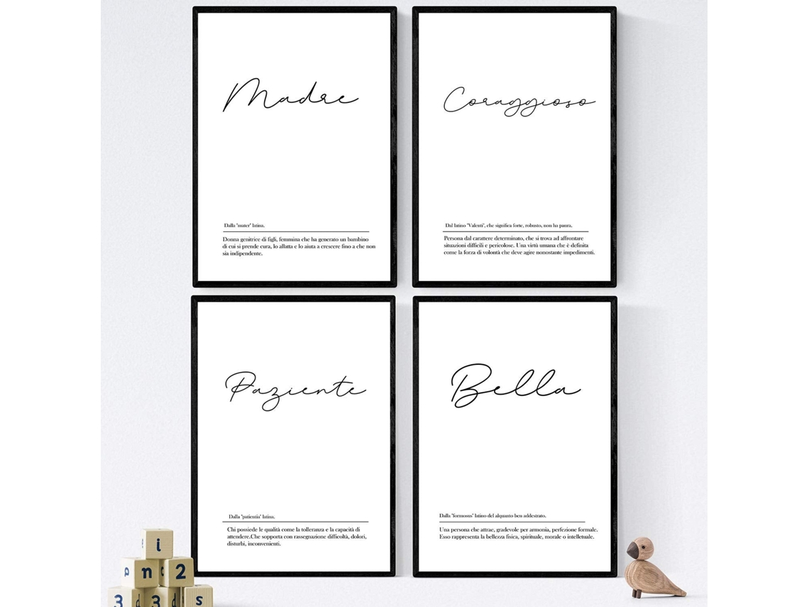 Quatro Perdas Definidas Com Definições De Palavras Em Italiano. Poster 'Mãe' De Palavras Com Definições. Sem Quadro