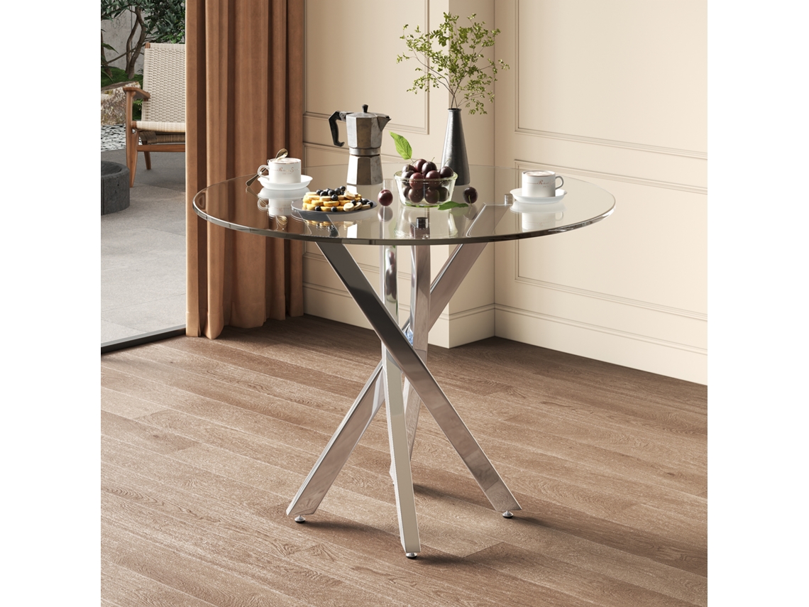Mesa De Jantar Redonda, 75*80*80 Cm, Tampo Em Vidro Temperado, Mesa De Centro/casual, Estilo Minimalista Moderno.