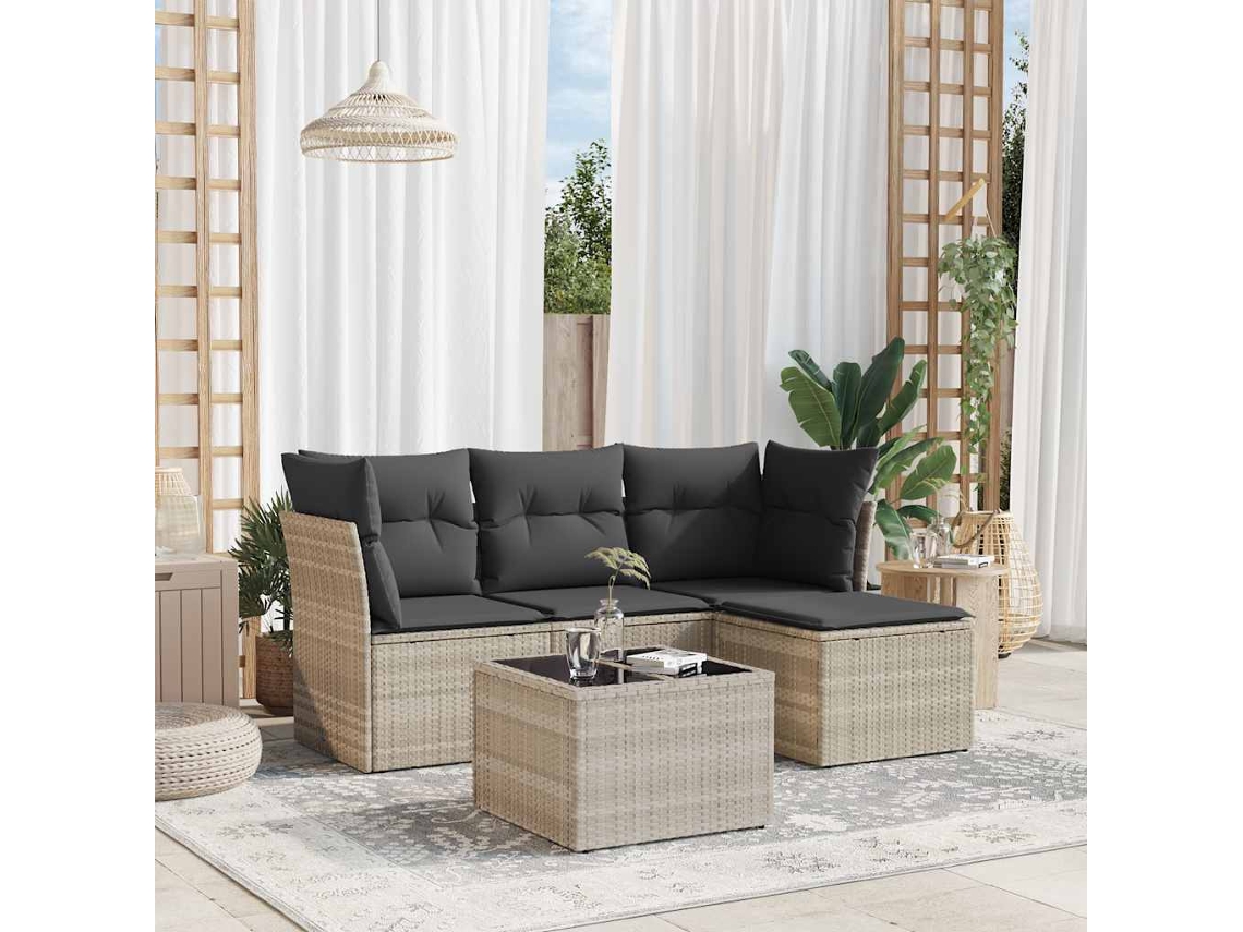 Vidaxl 5 Pcs Conj. Sofás Jardim C/ Almofadões Vime Pe Cinzento-claro