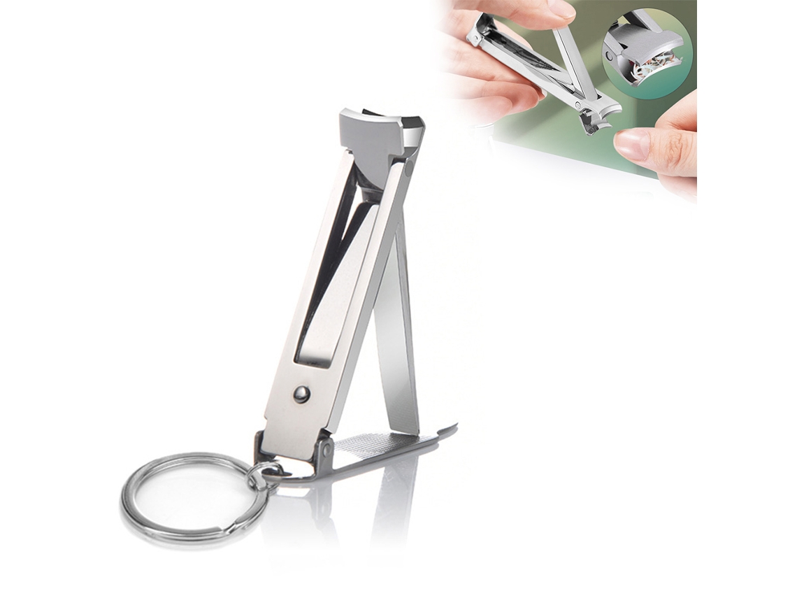 Tesoura de unha dobrável ultrafina em aço inoxidável com chaveiro para mãos e pés, ferramenta de manicure prateada
