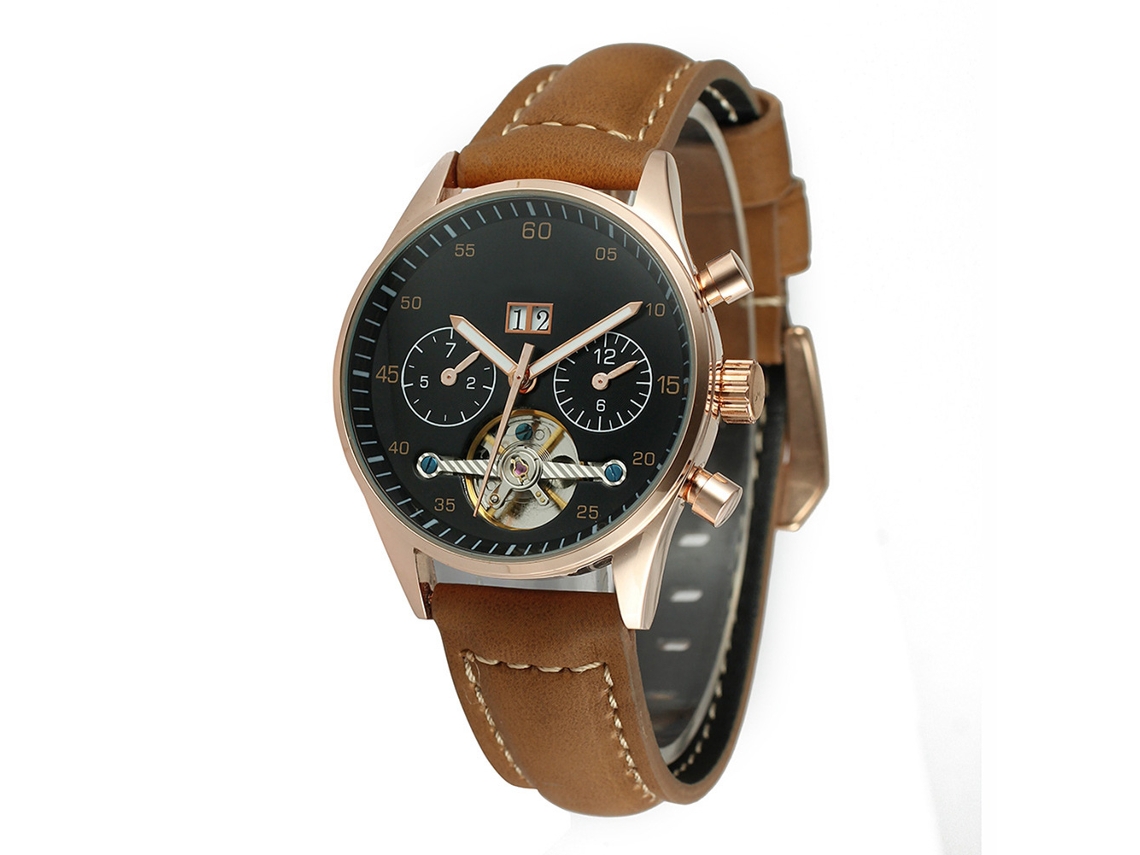 Reloj De Pulsera Automático Forsining Pareja Redondo Correa De Cuero Mujer Negro