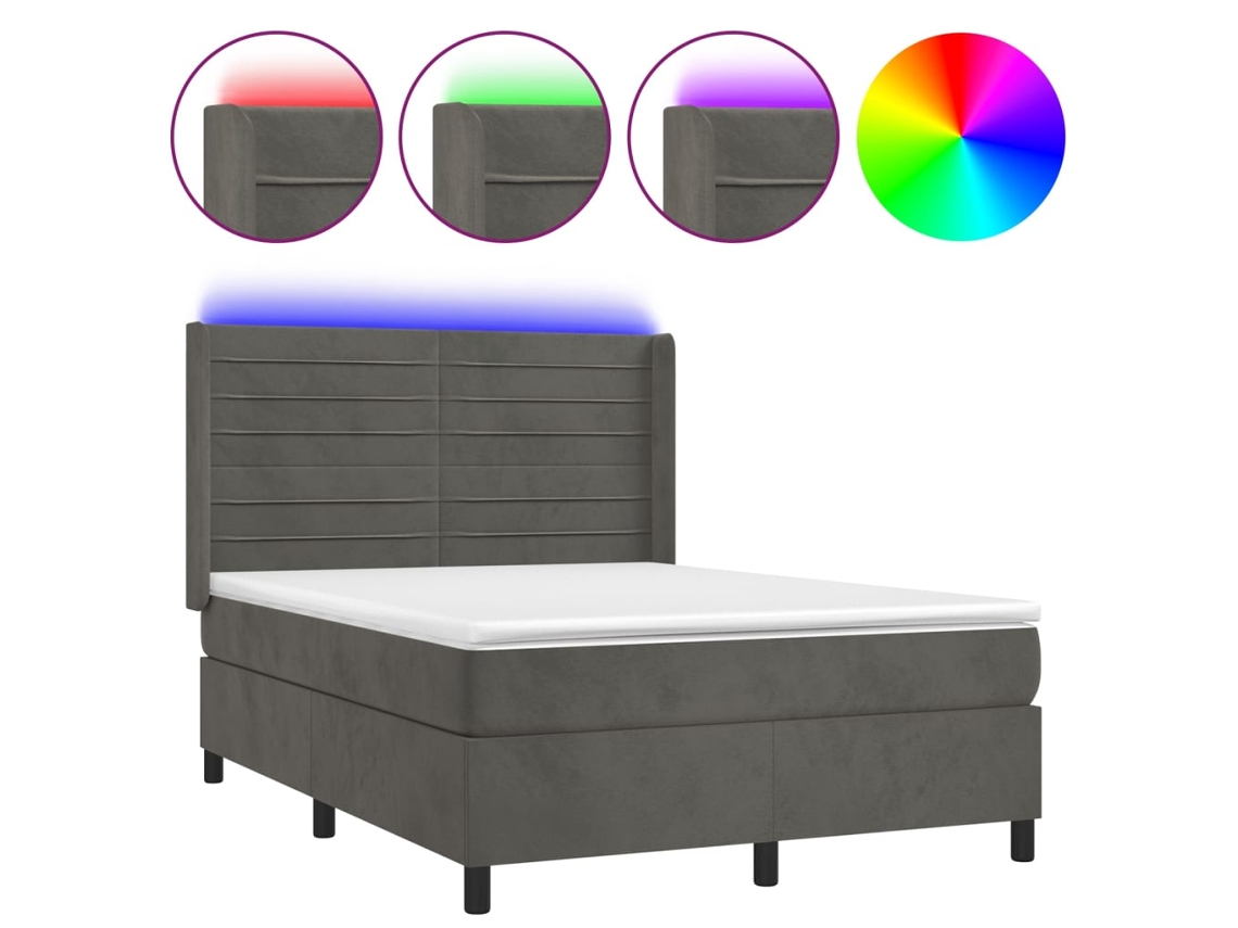 Cama Box Spring com Colchão LED Veludo Cinzento Escuro MAISON EXCLUSIVE (140x190 cm)