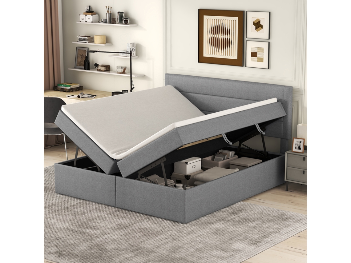Cama Estofada, 200x140cm, Cama De Casal Com Estrado De Ripas Em Estrutura De Metal, Grande Espaço De Armazenamento, Abertura Em Ambos Os Lados, Cinza.